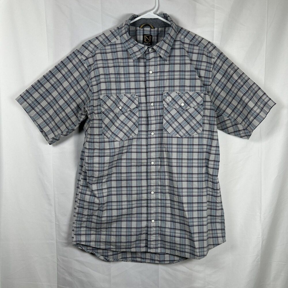 Noble Outfitters Shirt Mens Large Blue Gray Plaid Pearl Snap Short Sleeve Logo